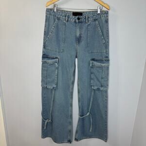 Love For Humanity Wide Leg Streetwear Cargo Jeans Blue High Rise Stretch Sz 30
